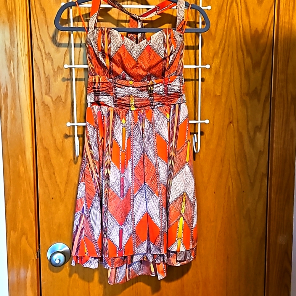 Guess gorgeous dress, vibrant orange, red, yellow, blush, and gray. Size 2.